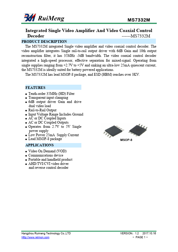 MS7332M Integrated Single Video Amplifier And Video Coaxial Control Decoder by Ruimeng - Datasheet Preview