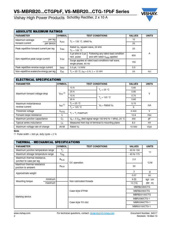 VS-MBRB2080CTGPbF