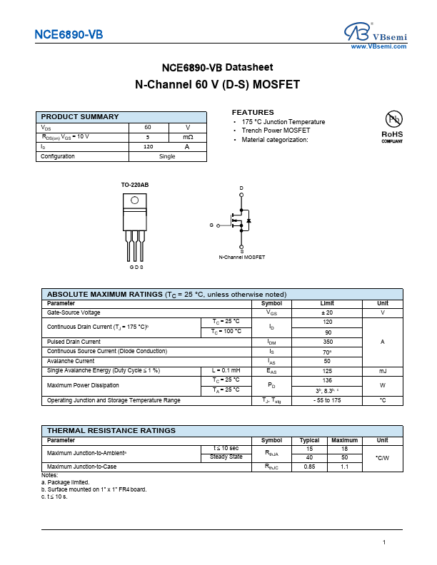 NCE6890 N-Channel 60V MOSFET by VBsemi - Datasheet Preview