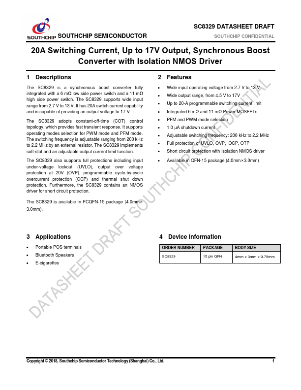 SC8329 20A Switching Current Synchronous Boost Converter by SOUTHCHIP - Datasheet Preview