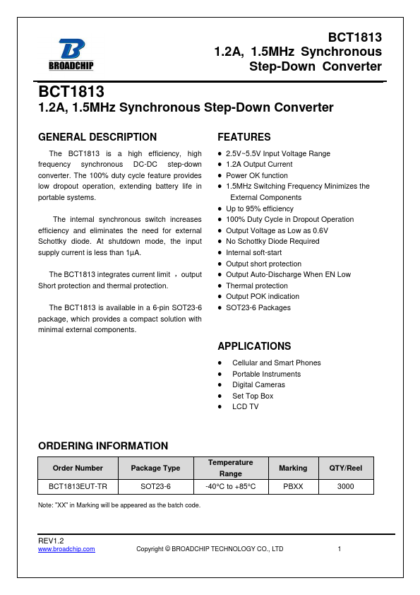 BCT1813 2A 1.5MHz Synchronous Step-Down Converter by BROADCHIP - Datasheet Preview