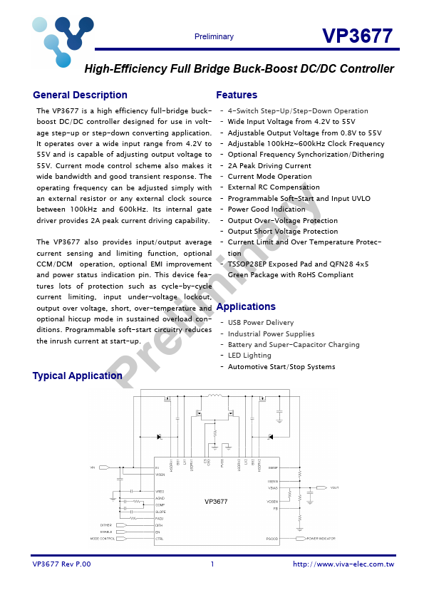 VP3677 High-Efficiency Full Bridge Buck-Boost DC/DC Controller by Viva Electronics - Datasheet Preview