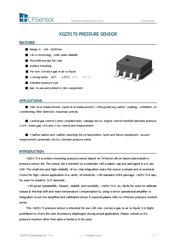 XGZP170 Unamplified Pressure Sensor by CFSensor - Datasheet Preview
