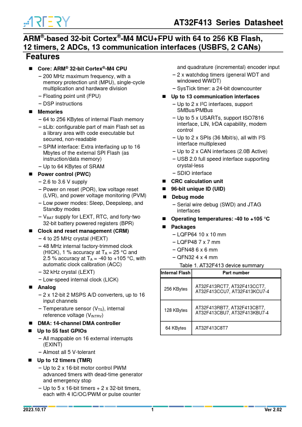 AT32F413C8T7 datasheet page 1 preview