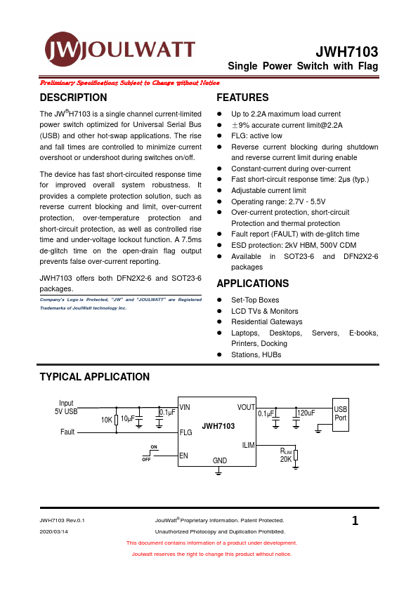 JWH7103 Single Power Switch by JoulWatt - Datasheet Preview