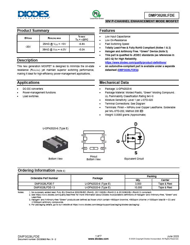 DMP3028LFDE 30V P-Channel MOSFET by Diodes - Datasheet Preview