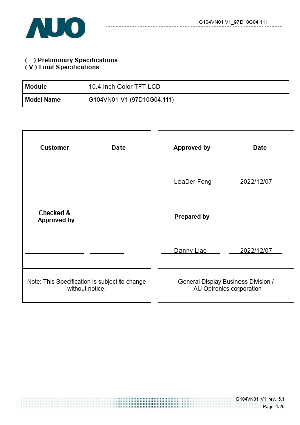 G104VN01-V1 Datasheet Preview