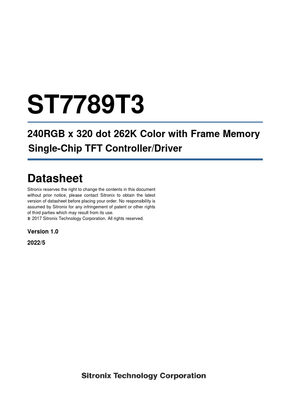 ST7789T3 Datasheet Preview