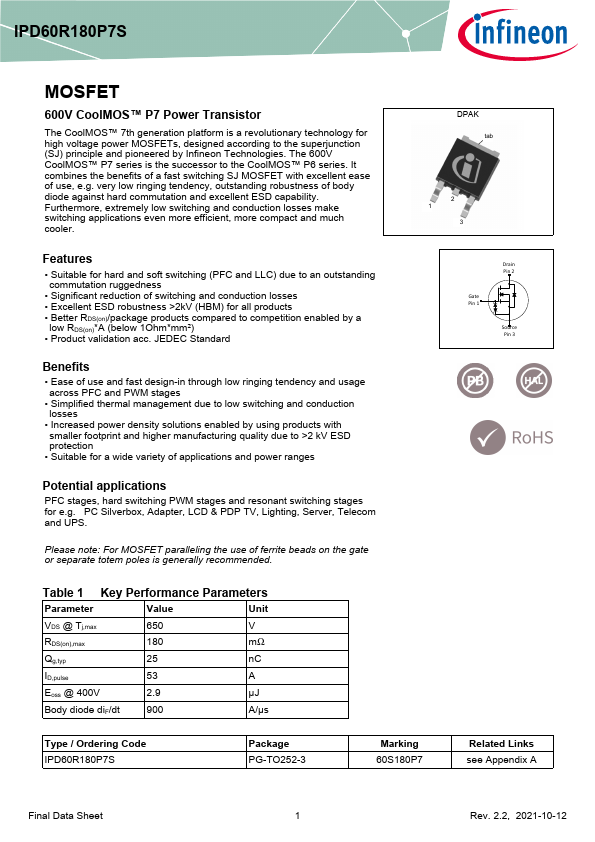 IPD60R180P7S Datasheet Preview