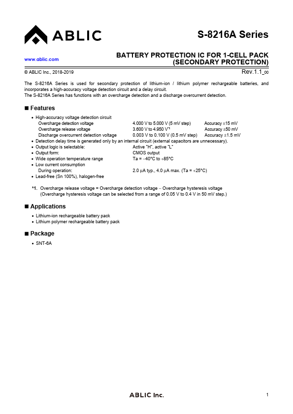S-8216A datasheet page 1 preview