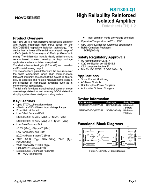 NSi1300-Q1 High Reliability Reinforced Isolated Amplifier by NOVOSENSE - Datasheet Preview