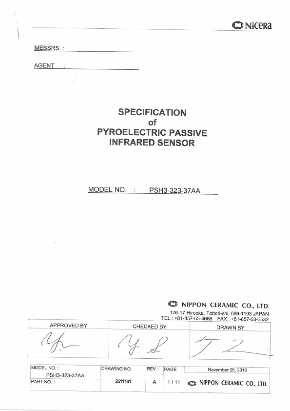 PSH3-323-37AA Pyroelectric Passive Infrared Sensor by Nicera - Datasheet Preview