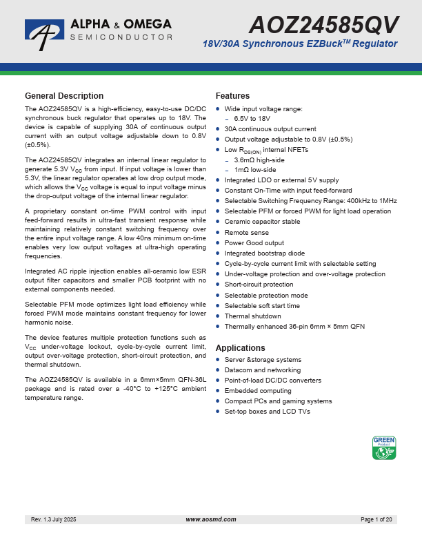 AOZ24585QV 18V/30A Synchronous Regulator by Alpha & Omega Semiconductors - Datasheet Preview