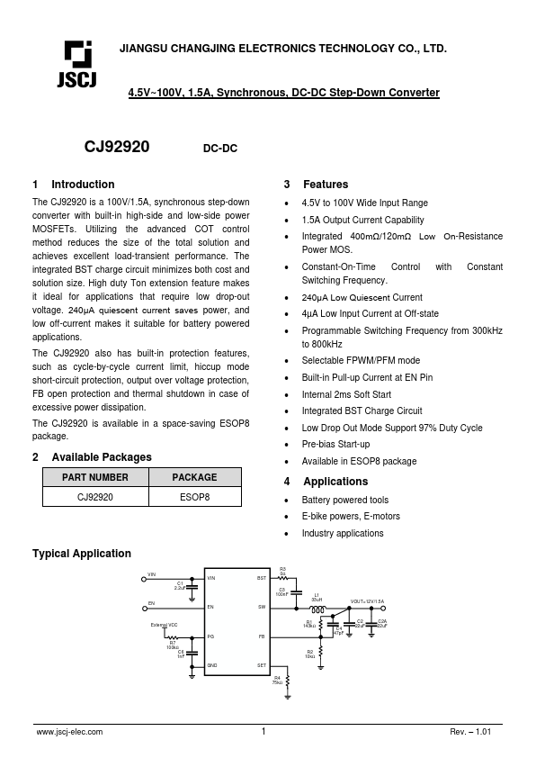CJ92920 4.5V~100V 1.5A DC-DC Step-Down Converter by JCET - Datasheet Preview