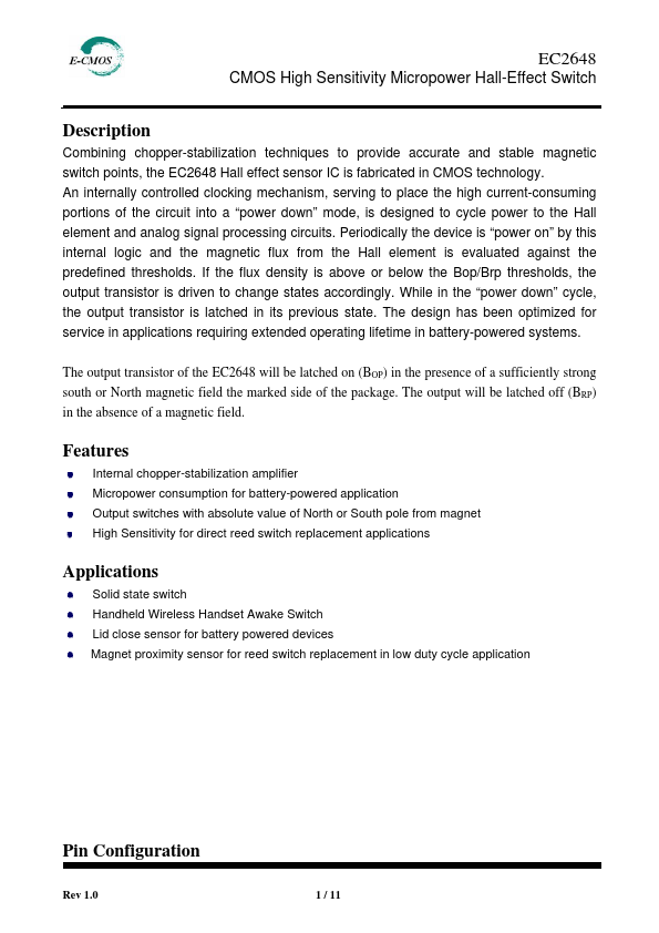 EC2648 CMOS High Sensitivity Micropower Hall-Effect Switch by E-CMOS - Datasheet Preview
