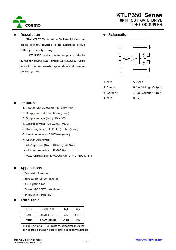 KTLP350 8PIN IGBT GATE DRIVE PHOTOCOUPLER by Cosmo - Datasheet Preview