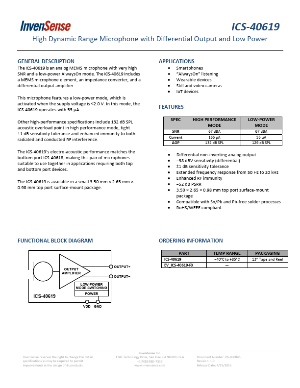 ICS-40619 High Dynamic Range Microphone by InvenSense - Datasheet Preview