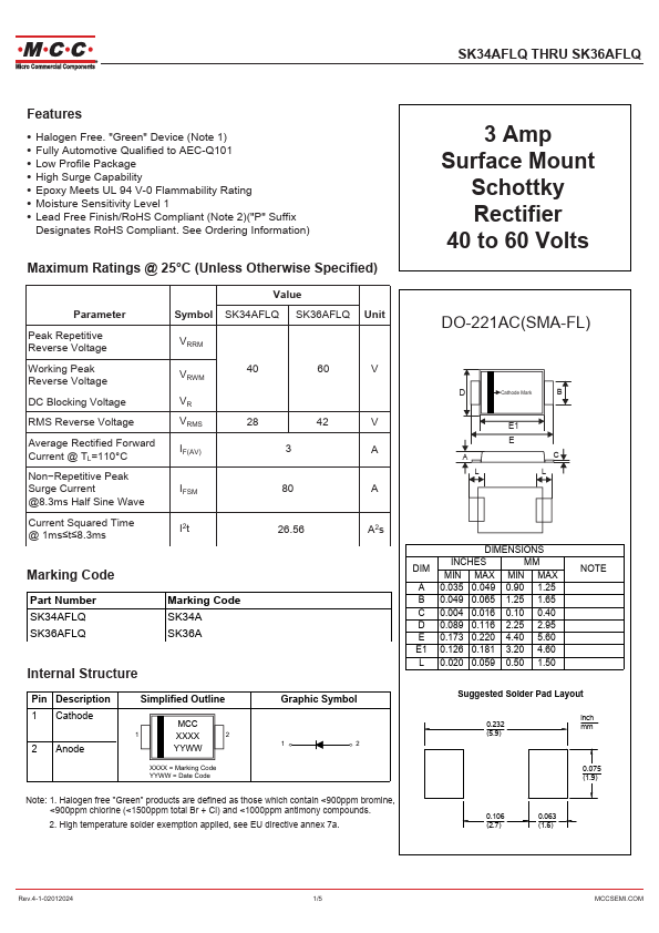 SK36AFLQ 3 Amp Surface Mount Schottky Rectifier by MCC - Datasheet Preview