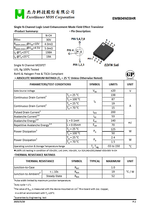 EMB04N03HR N-Channel Logic Level Enhancement Mode Field Effect Transistor by Excelliance MOS - Datasheet Preview