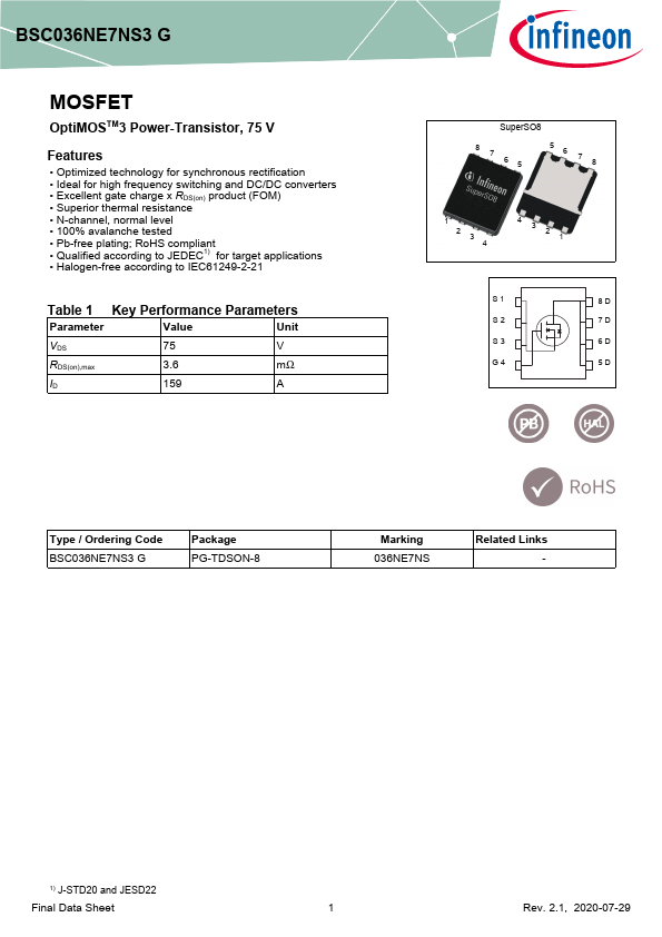 BSC036NE7NS3 Datasheet Preview