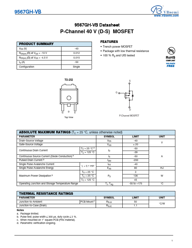 9567GH P-Channel 40V MOSFET by VBsemi - Datasheet Preview