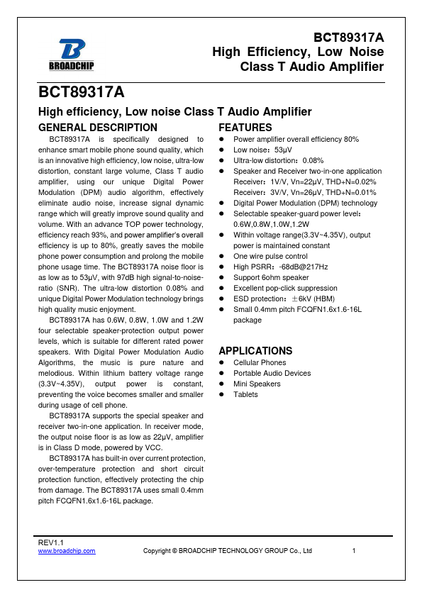 BCT89317A High Efficiency Low Noise Class T Audio Amplifier by BROADCHIP - Datasheet Preview