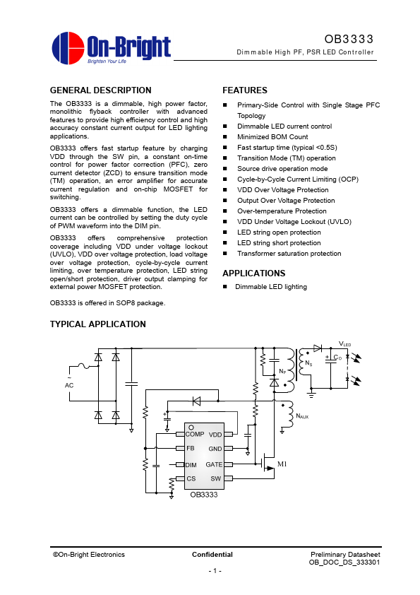 OB3333 Dimmable High PF/PSR LED Controller by On-Bright - Datasheet Preview