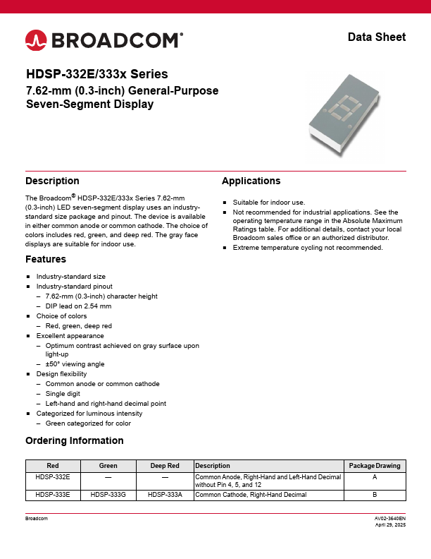 HDSP-333G General-Purpose Seven-Segment Display by Broadcom - Datasheet Preview