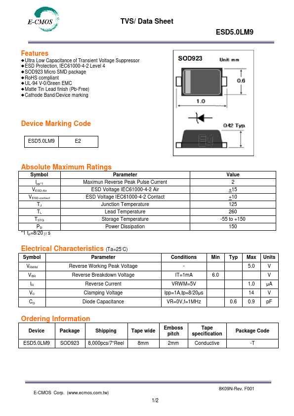 ESD5.0LM9 TVS by E-CMOS - Datasheet Preview
