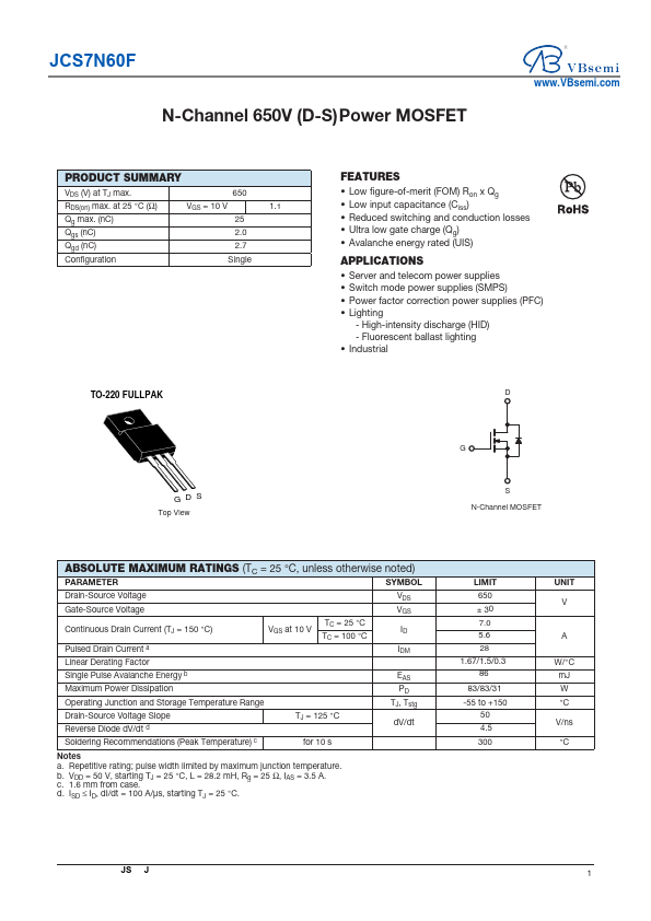 JCS7N60F Datasheet Preview