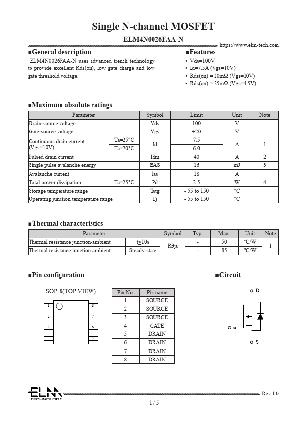 ELM4N0026FAA-N Single N-channel MOSFET by ELM - Datasheet Preview