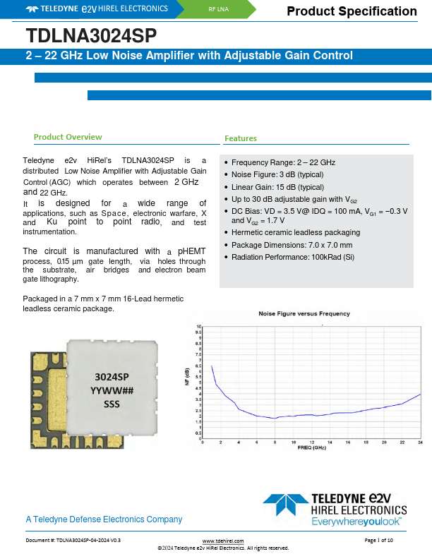 TDLNA3024SP Low Noise Amplifier by Teledyne - Datasheet Preview