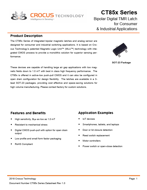 CT852 Digital TMR Latch by Crocus Technology - Datasheet Preview