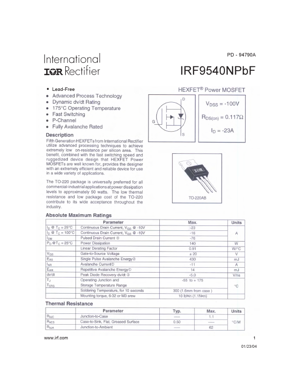 IRF9540NPBF Power MOSFET by International Rectifier - Datasheet Preview