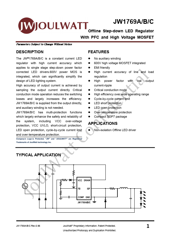 JW1769B Offline Step-down LED Regulator by JoulWatt - Datasheet Preview