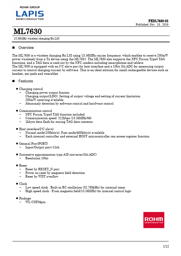 ML7630 13.56MHz wireless charging Rx LSI by LAPIS - Datasheet Preview