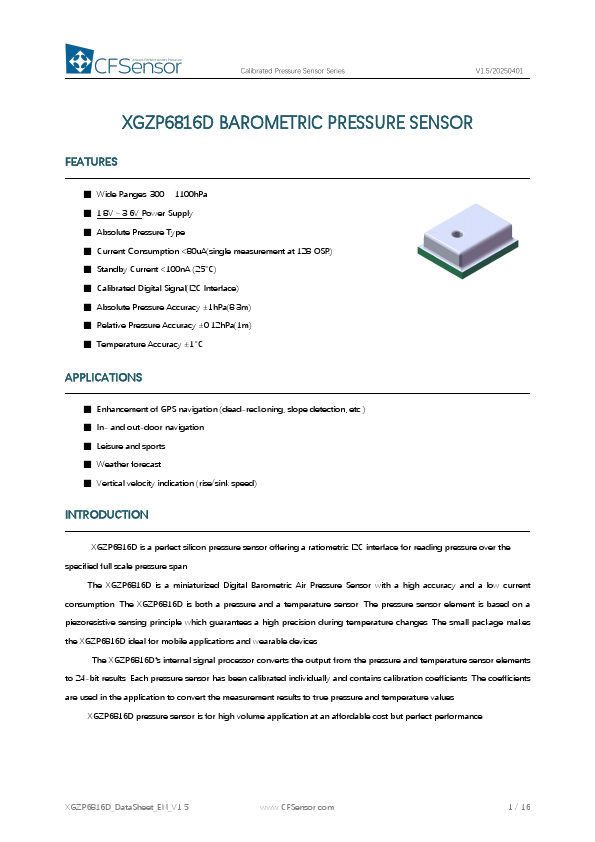 XGZP6816D Calibrated Pressure Sensor by CFSensor - Datasheet Preview