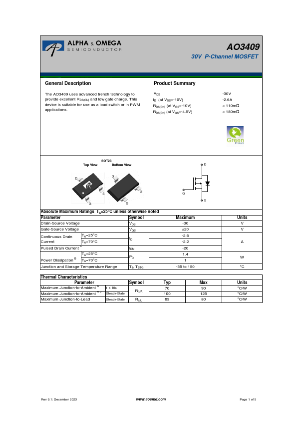 AO3409 Datasheet Preview