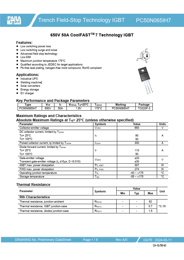 PC50N065IH7 650V 50A IGBT by PARA LIGHT - Datasheet Preview