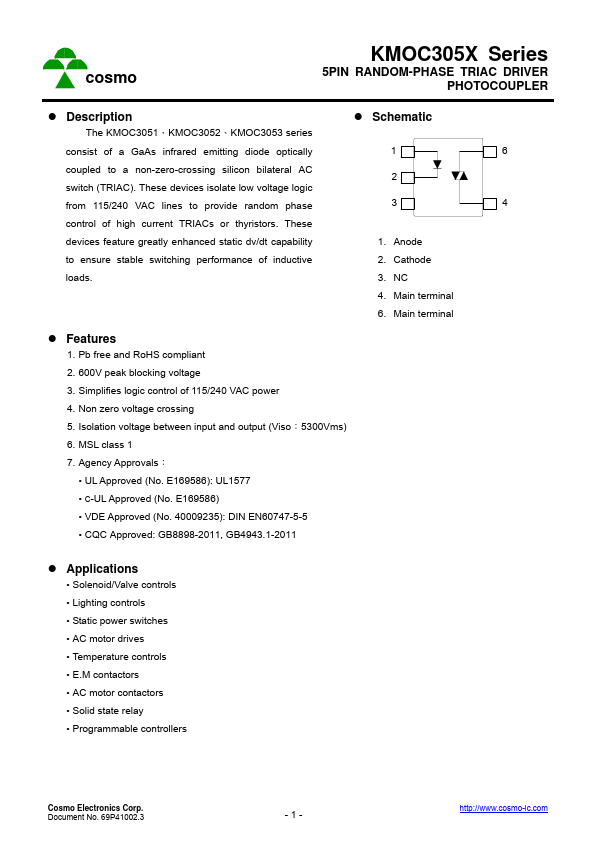 KMOC3053 5PIN RANDOM-PHASE TRIAC DRIVER PHOTOCOUPLER by COSMO Electronics - Datasheet Preview