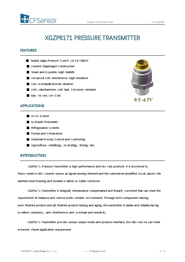 XGZP6171 Pressure Transmitter by CFSensor - Datasheet Preview