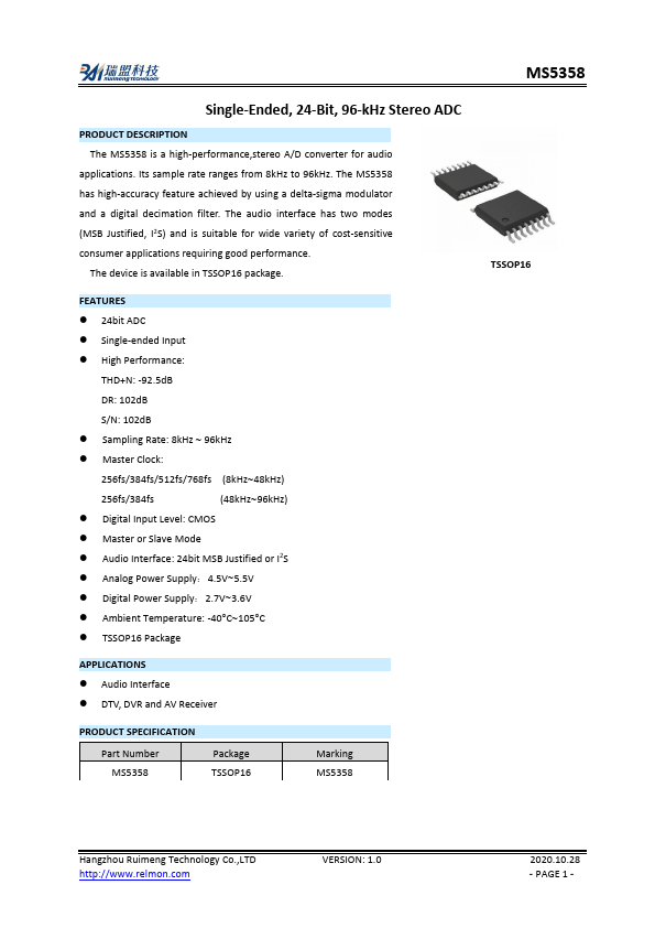 MS5358 24-Bit 96-kHz Stereo ADC by Ruimeng - Datasheet Preview