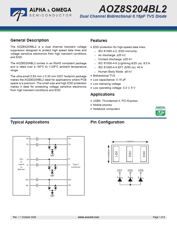 AOZ8S204BL2 Dual Channel Bidirectional 0.15pF TVS Diode by Alpha & Omega Semiconductors - Datasheet Preview