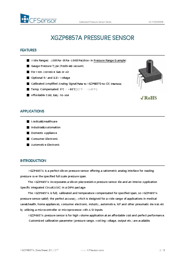 XGZP6857A Calibrated Pressure Sensor by CFSensor - Datasheet Preview