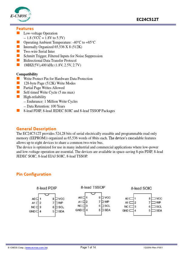 EC24C512T 512K EEPROM by E-CMOS - Datasheet Preview