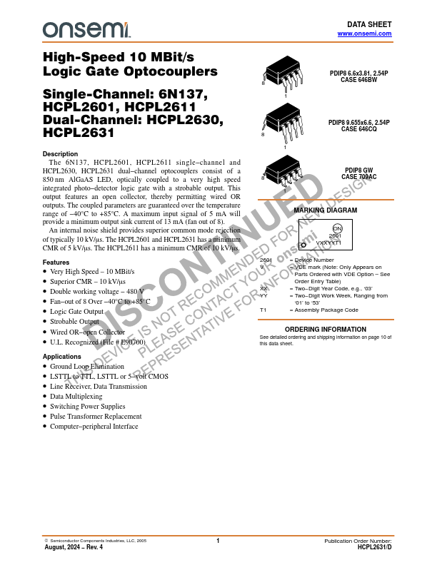 HCPL2611 Logic Gate Optocoupler by ON Semiconductor - Datasheet Preview