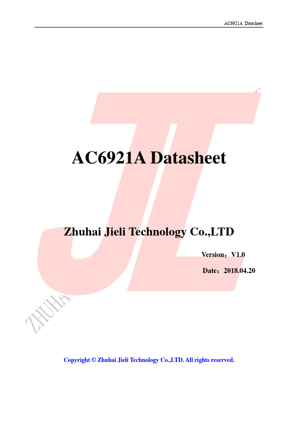AC6921A High performance 32-bit RISC CPU by Jieli - Datasheet Preview
