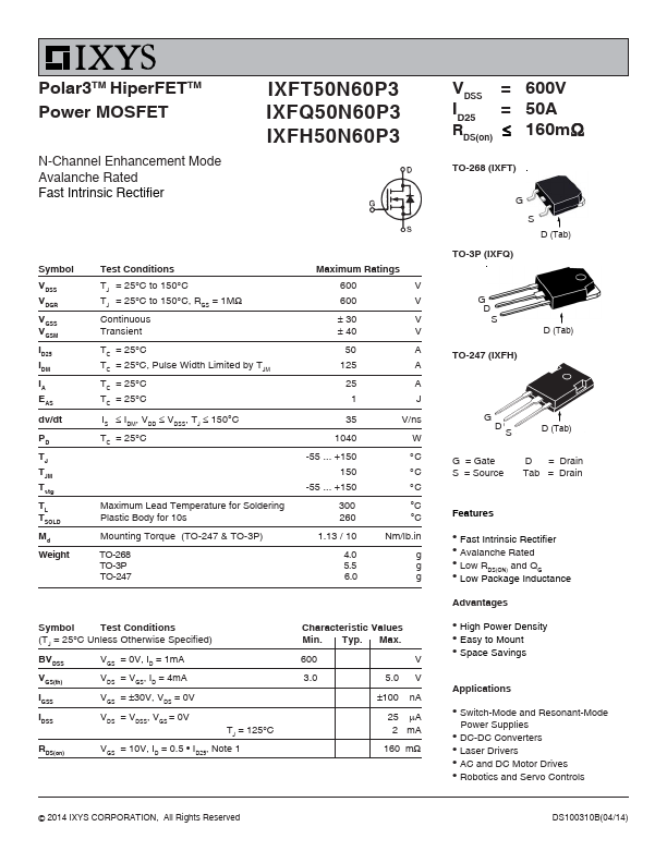 IXFQ50N60P3 Datasheet Preview