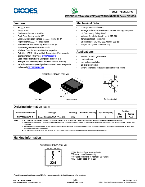 DXTP78060DFG 60V PNP ULTRA-LOW VCE TRANSISTOR by DIODES - Datasheet Preview