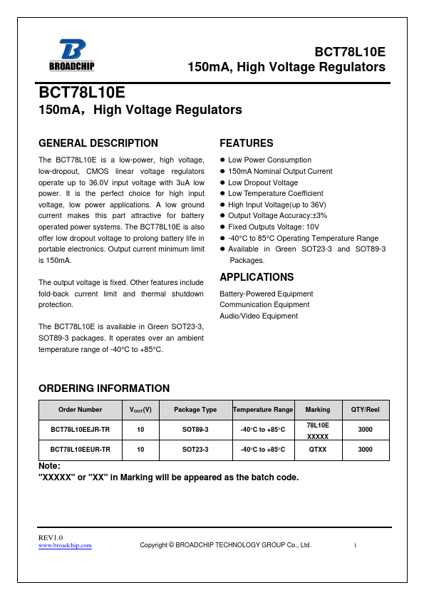 BCT78L10E 150mA High Voltage Regulators by BROADCHIP - Datasheet Preview